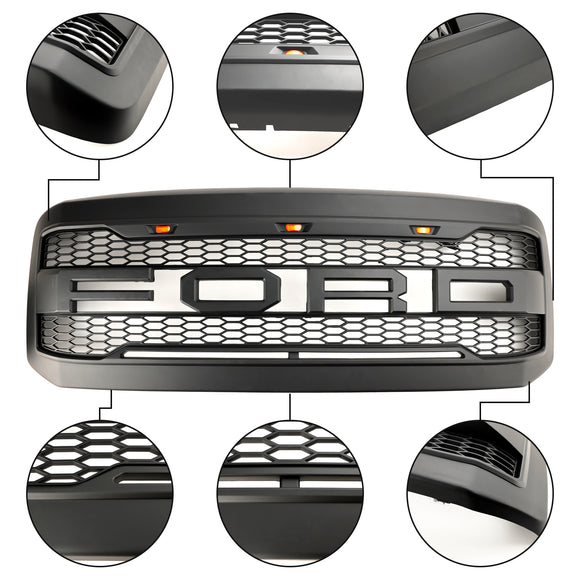 2005–2007 Ford F250 F350 Super Duty Frontstoßstange mit LED-Raptor-Grill, schwarzer Ersatzgrill