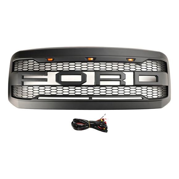 2005–2007 Ford F250 F350 Super Duty Frontstoßstange mit LED-Raptor-Grill, schwarzer Ersatzgrill