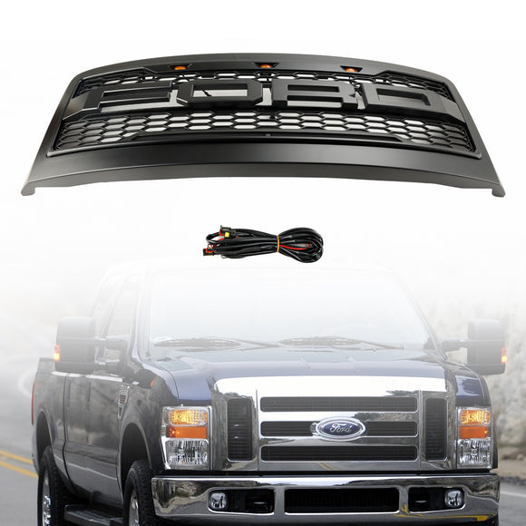 2008–2010 Ford F250 F350 F450 Super Duty Frontstoßstange mit LED-Leuchten Raptor Grill Ersatz schwarzer Kühlergrill
