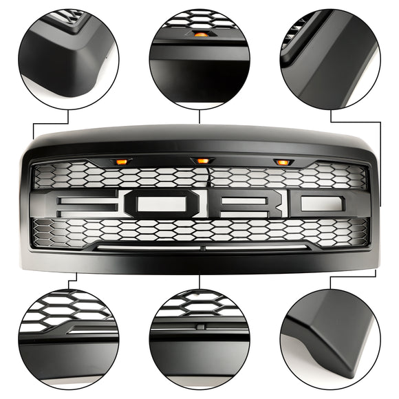 2008–2010 Ford F250 F350 F450 Super Duty Frontstoßstange mit LED-Leuchten Raptor Grill Ersatz schwarzer Kühlergrill