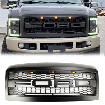 2008-2010 Ford F250 F350 F450 Super Duty Front Bumper W/ LED Lights Raptor Grill Replacement Black Grille