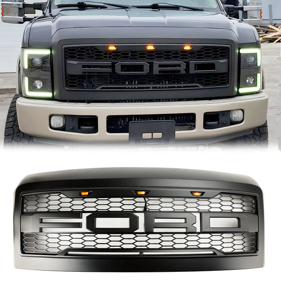2008–2010 Ford F250 F350 F450 Super Duty Frontstoßstange mit LED-Leuchten Raptor Grill Ersatz schwarzer Kühlergrill