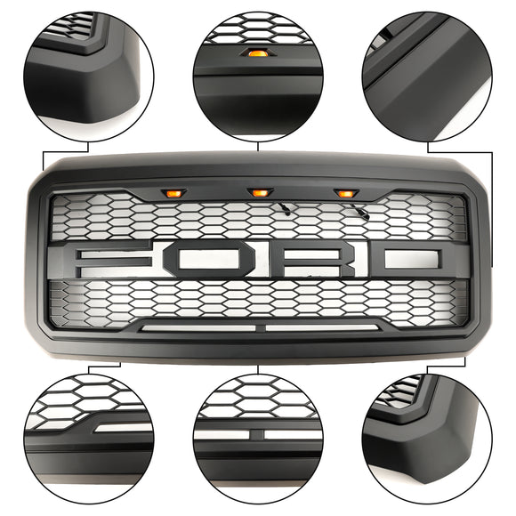 2011–2016 Ford F250/350/450/550 Super Duty Raptor Style Ersatz-Frontstoßstangengrill mit schwarzem LED-Kühlergrill