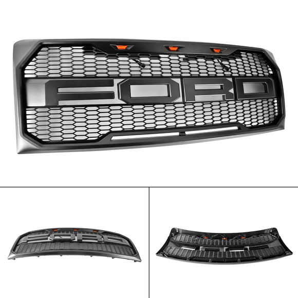 Ford F150 | Parrilla estilo Raptor | 2009-2014 | Con luz LED | Parachoques delantero | Parrilla tipo panal en negro mate, negro brillante y gris