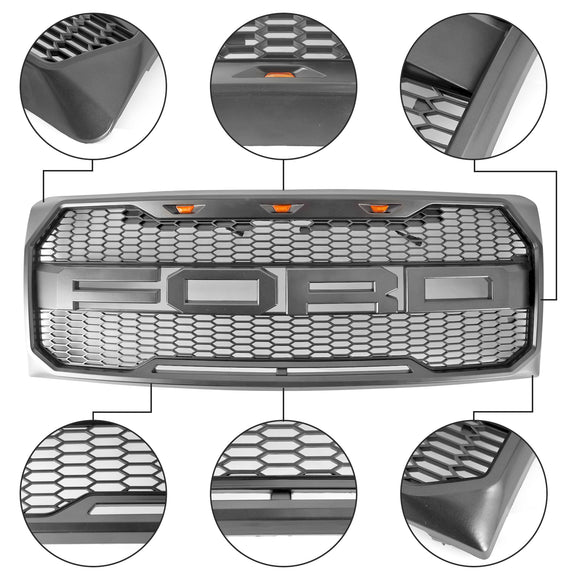 2009-2014 Ford F150 Front Grille Upper Bumper Gray Honeycomb Raptor Style Grill With LED
