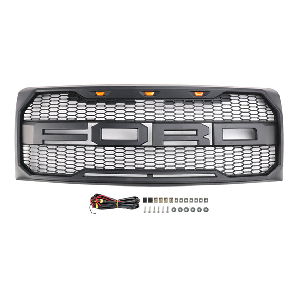 Raptor Style Grille For Ford F150 2009-2014 Matte Black Front Bumper Replacement Grill W/ LED & Letter