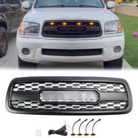 Griglia del paraurti anteriore stile Toyota Sequoia TRD PRO 2001-2004 nera opaca con luci a LED
