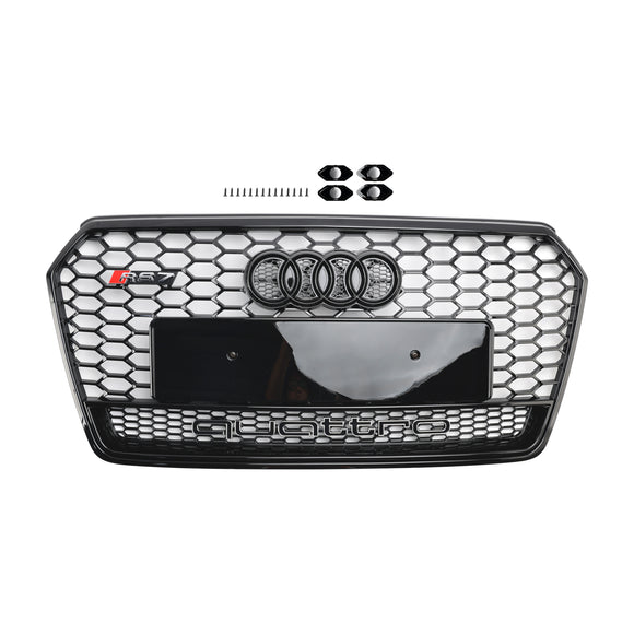 Audi 4G A7 S7 2016-2018 Facelift RS7 Quattro Style Griglia paraurti anteriore Griglia a nido d'ape nera lucida con emblema ad anello