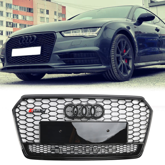 Audi 4G A7 S7 2016-2018 Facelift RS7 Quattro Style Griglia paraurti anteriore Griglia a nido d'ape nera lucida con emblema ad anello