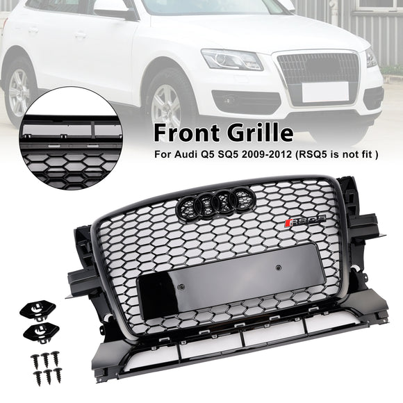 2009-2012 Audi Q5/Q5 Sline Noir RSQ5 Grille de style nid d'abeille Grille de remplacement de pare-chocs avant avec emblème d'anneau