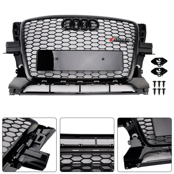 2009-2012 Audi Q5/Q5 Sline Noir RSQ5 Grille de style nid d'abeille Grille de remplacement de pare-chocs avant avec emblème d'anneau
