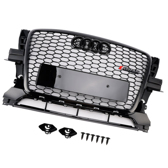 2009-2012 Audi Q5/Q5 Sline Noir RSQ5 Grille de style nid d'abeille Grille de remplacement de pare-chocs avant avec emblème d'anneau