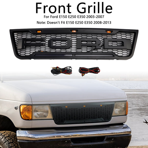 Ford E150 E250 E350 Honeycomb Style Grill 2003–2007 Ersatz-Frontstoßstangen-Mitte, schwarzer Kühlergrill + LED-Licht