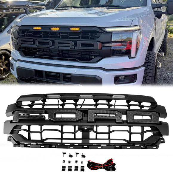 Parrilla estilo Raptor para Ford F150 2024-2025, parachoques delantero, rejilla de repuesto negra con luz LED