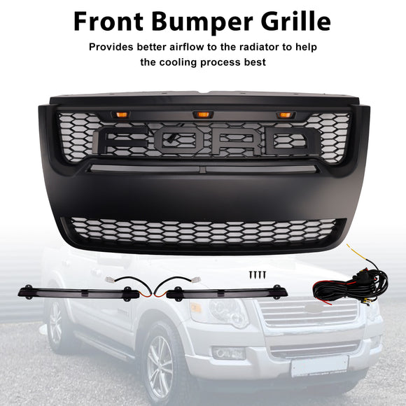 Parrilla de repuesto negra para parachoques delantero estilo Raptor Ford Explorer 2006-2010 con luz LED