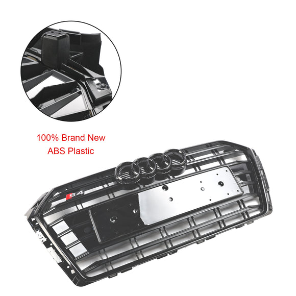 Griglia nera con stecche orizzontali per paraurti anteriore stile Audi A4/S4 B9 S4 2016-2019 con emblema ad anello