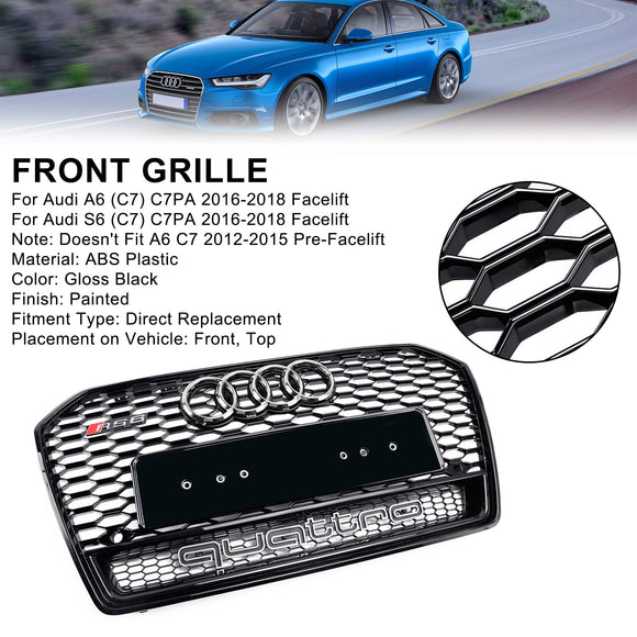 Audi A6/S6 C7 2015-2018 Facelift RS6 Style Grille avant en nid d'abeille Grille noire avec emblème argenté