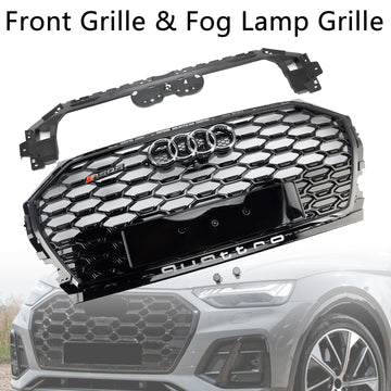 Calandre de Style Audi Q5/SQ5 RSQ5 2021 – 2025, pare-choc avant en maille nid d'abeille noire avec emblème d'anneau - 0