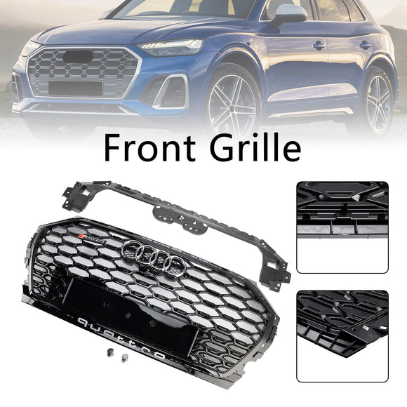 Parrilla estilo Audi Q5/SQ5 RSQ5 2021-2025, parachoques delantero, malla de panal, parrilla negra con emblema de anillo