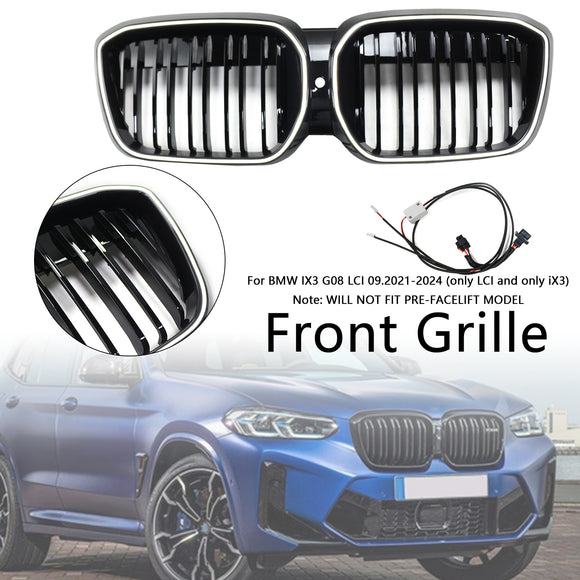 Doppelter Lamellen-Front-Nierengrill, schwarz, passend für BMW IX3 G08 LCI 2022–2024