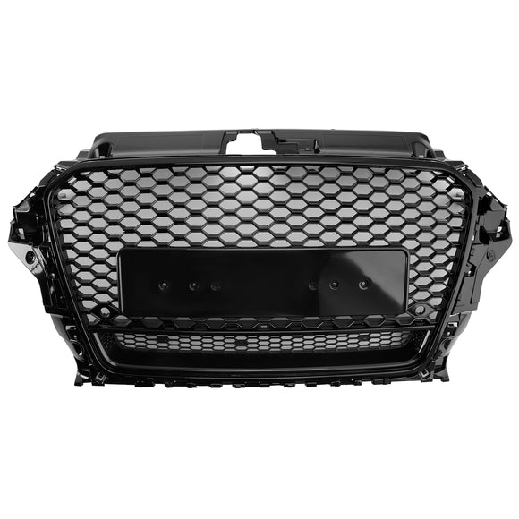 RS3 Style Front Grille For Audi A3/ A3 Sline/ S3 2013-2016 Honeycomb Bumper Black Grill W/ Ring Emblem & Quattro Letter