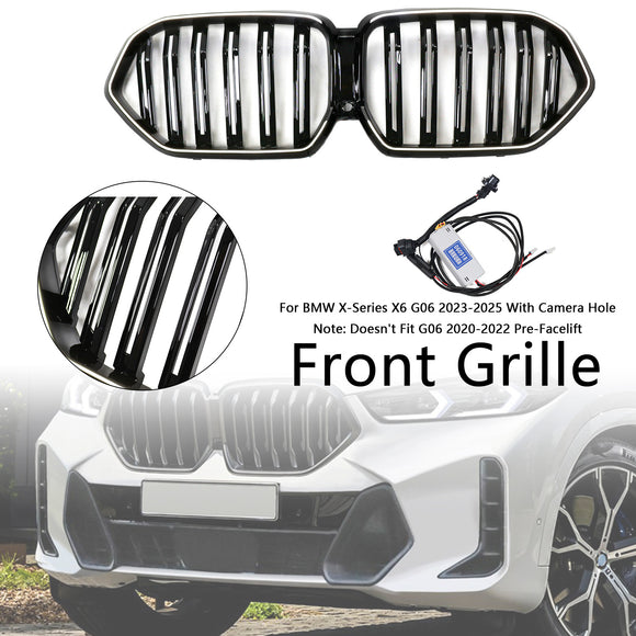 Rejilla de parachoques delantero de doble listón compatible con BMW X6 G06 M60i 2023-2025 con orificio para cámara