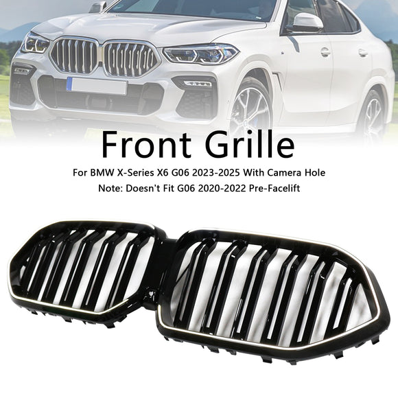 Rejilla de parachoques delantero de doble listón compatible con BMW X6 G06 M60i 2023-2025 con orificio para cámara