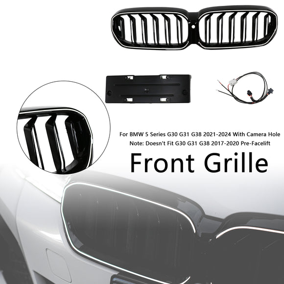 BMW 5 Series G30 G38 2021-2024 Black Front Kindey Grill Air Intake Radiator Double Slat Grille W/ LED Strip Light