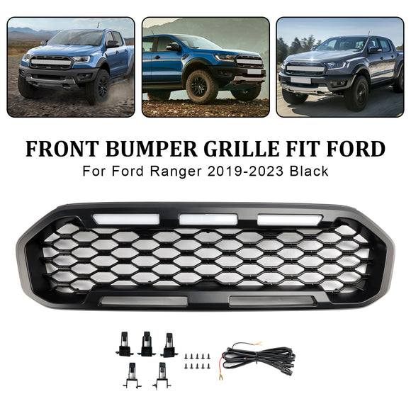 Ford Ranger 2019-2023 Front Bumper Grill Raptor / Honeycomb / Mesh Style Black Grille W/ 3 White LED Light