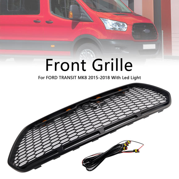 Ford Transit MK8 2015 2016 2017 2018 2019 Parrilla estilo panal negro mate parachoques delantero rejilla de radiador de entrada de aire con luz LED