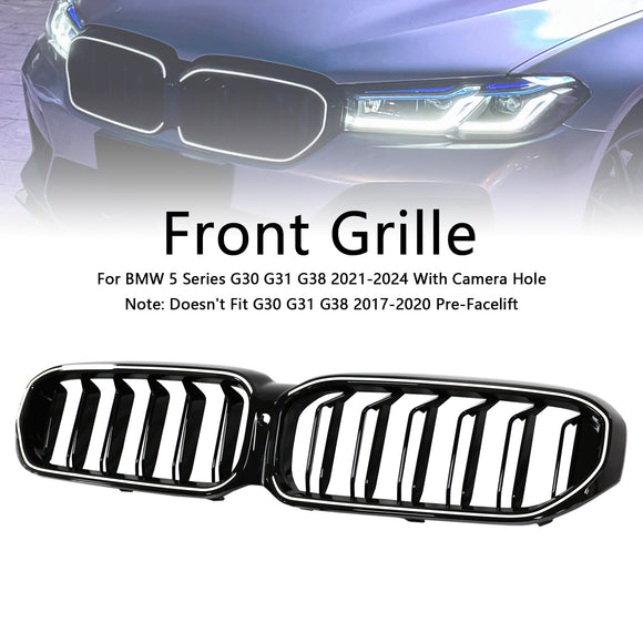 BMW 5 Series G30 G38 2021-2024 Black Front Kindey Grill Air Intake Radiator Double Slat Grille W/ LED Strip Light