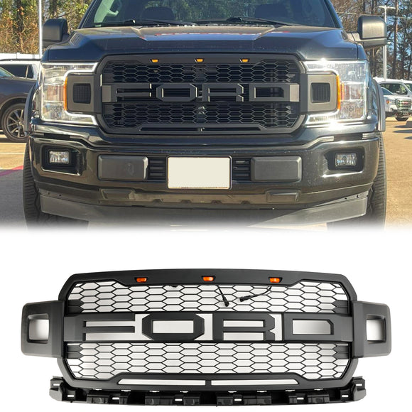 2018-2020 Ford F-150 Raptor Style Front Bumper Grill Replacement Black Grille W/ LED