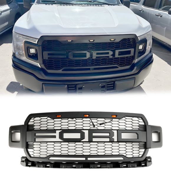2018-2020 Ford F-150 Raptor Style Front Bumper Grill Replacement Black Grille W/ LED