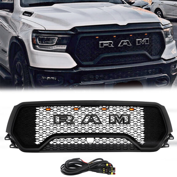 Style TRX | Dodge Ram 1500 | 2019-2024 | Noir mat | Grille avant | Grille de pare-chocs supérieure avec lettre + lumière LED