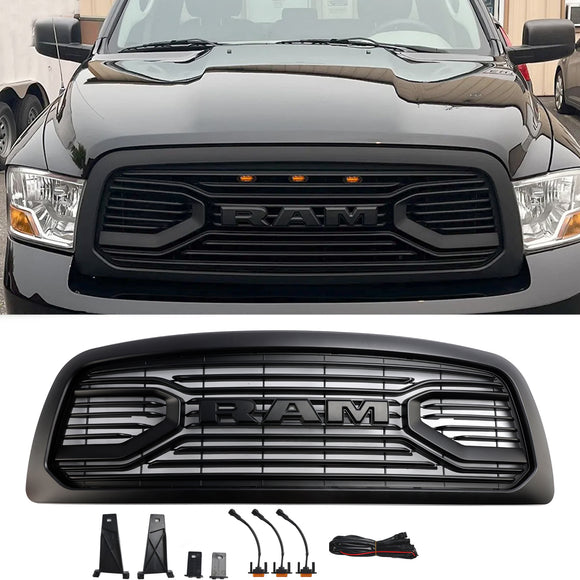 Griglia Big Horn nera opaca Dodge Ram 1500 2009-2012 con griglia sostitutiva per paraurti anteriore con luce a LED