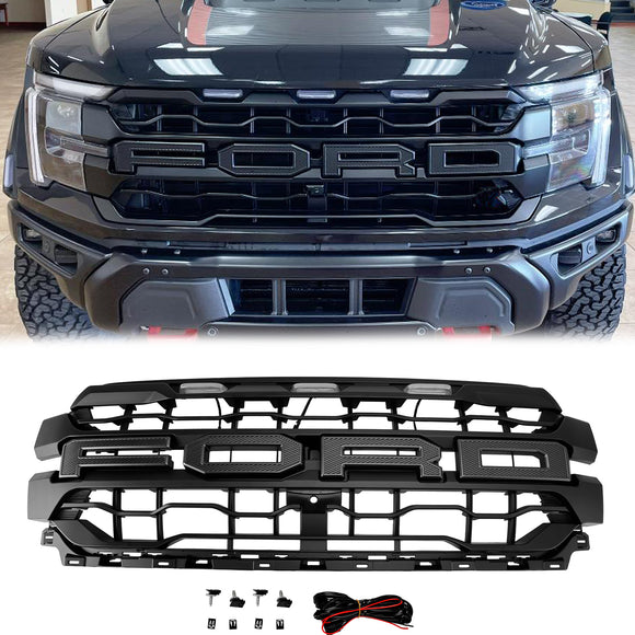 Parrilla estilo Raptor para Ford F150 2024-2025, parachoques delantero, rejilla de repuesto negra con luz LED
