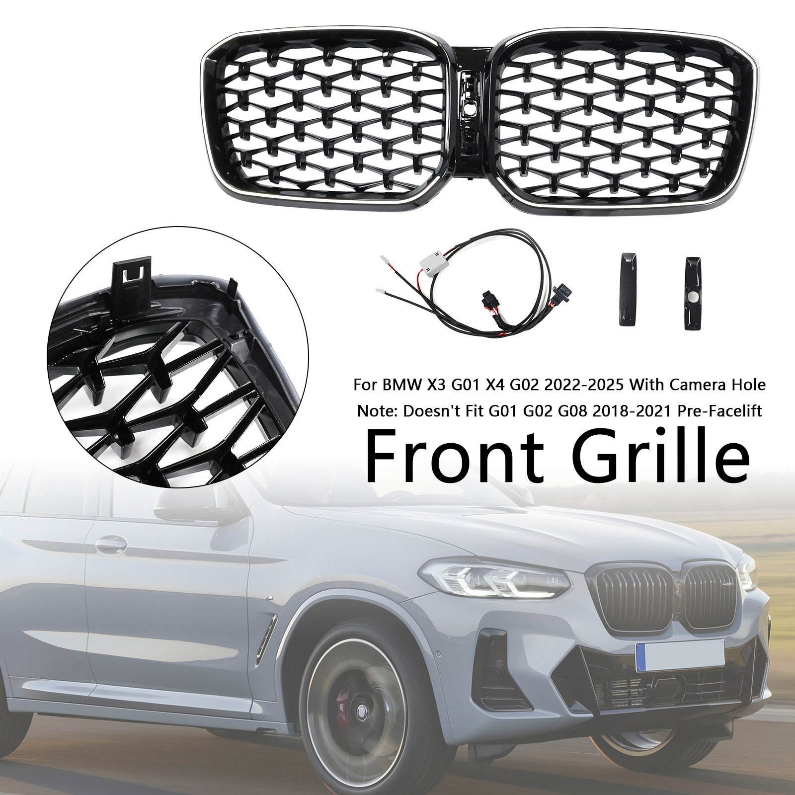 Grille de pare-chocs avant en forme de rein pour BMW X3 G01 / X4 G02 2022-2025 Grille en diamant noir avec bande lumineuse à LED