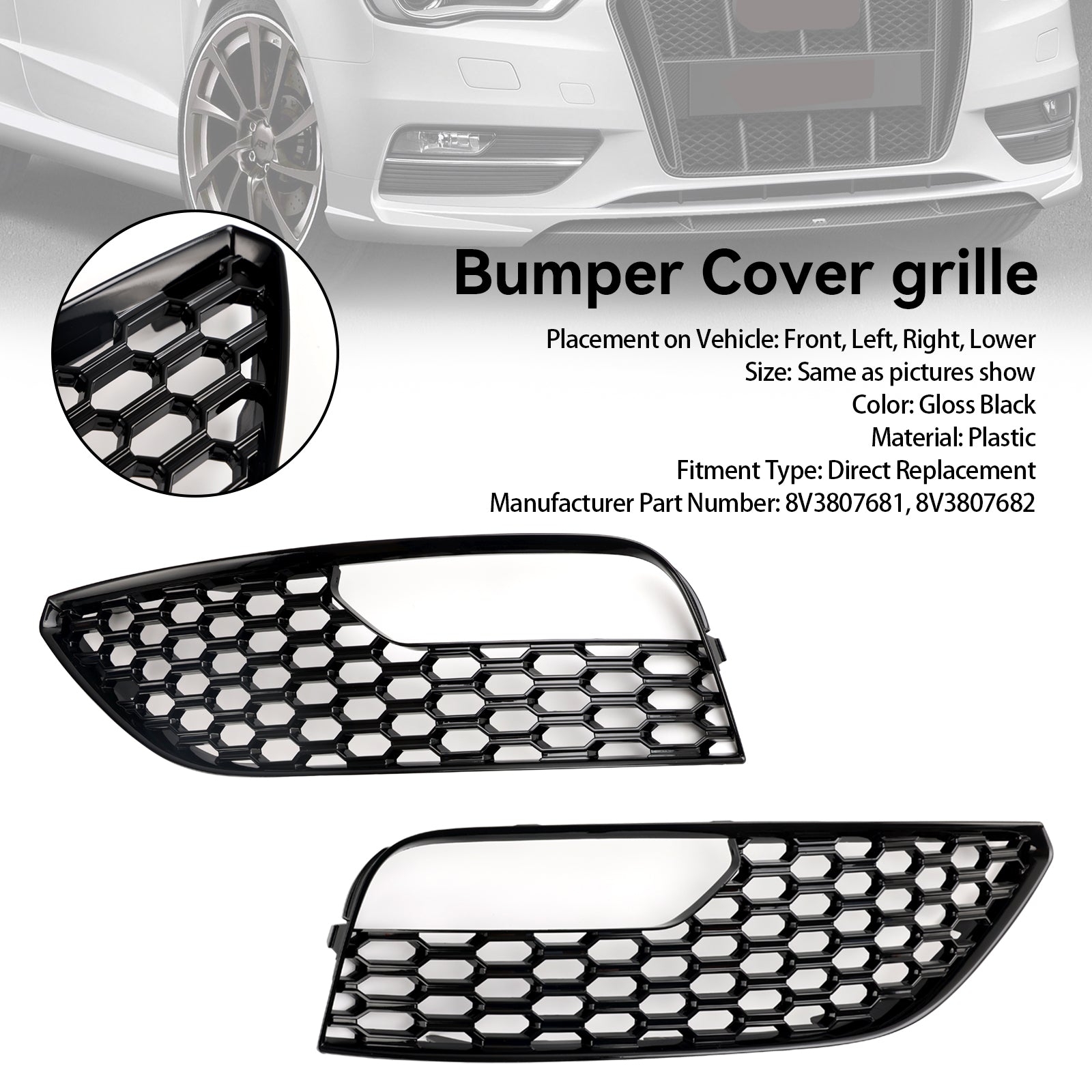 Audi 2012-2016 A3 Standard Version 8V3807681 8V3807682 2PCS Front Bumper Fog Light Surround Cover Grille