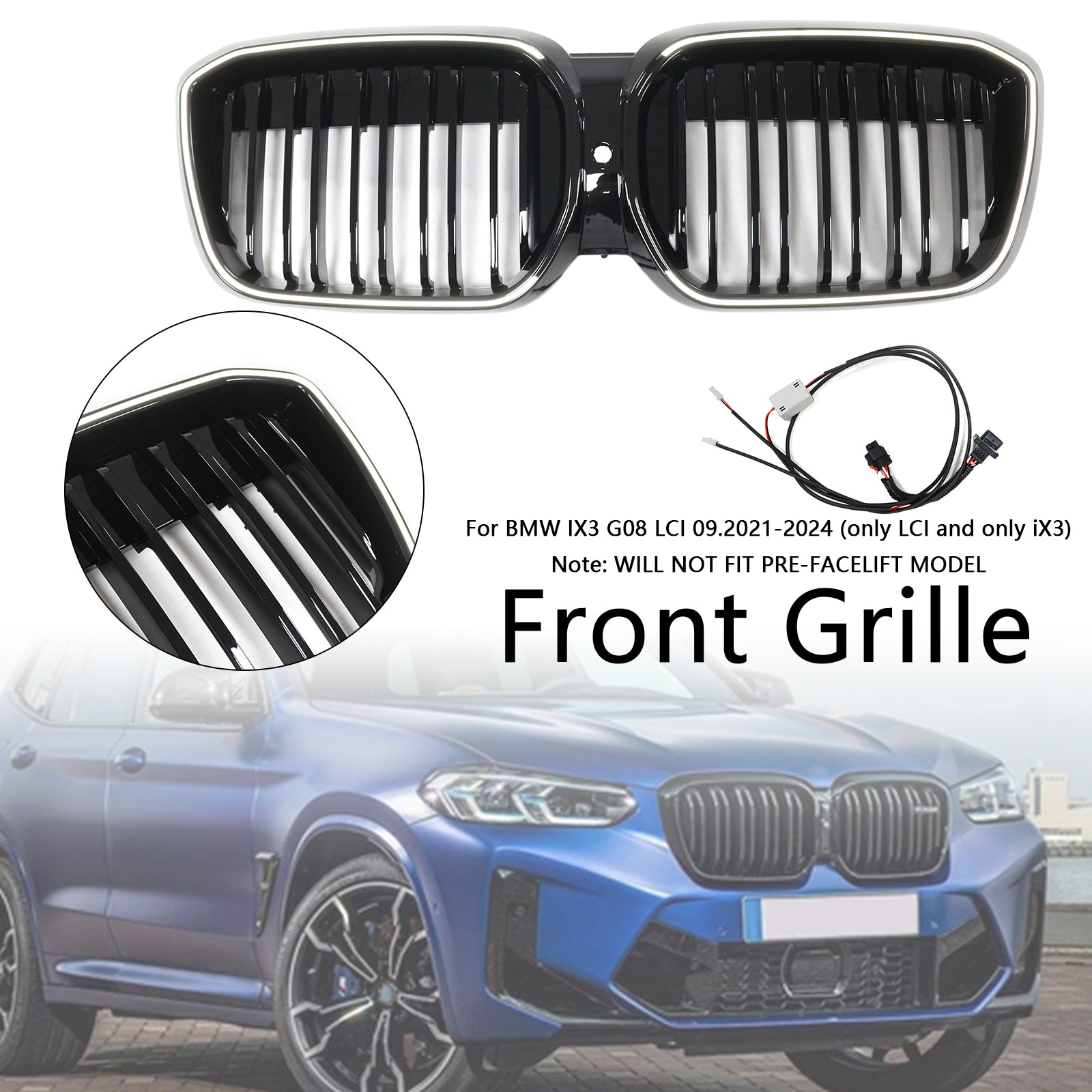 Parrilla delantera tipo riñón de doble lama en color negro brillante compatible con BMW IX3 G08 LCI 2022-2024