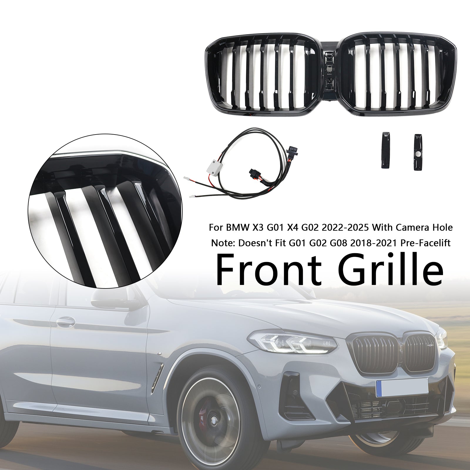 2022-2025 BMW X3 G01 / X4 G02 Front Bumper Kidney Replacement Grille Single Slat Glossy Black Grill With LED Strip Light