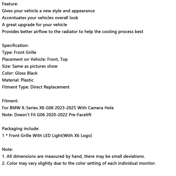 Grade de para-choque dianteiro de veneziana dupla adequada para BMW X6 G06 M60i 2023-2025 com furo para câmera