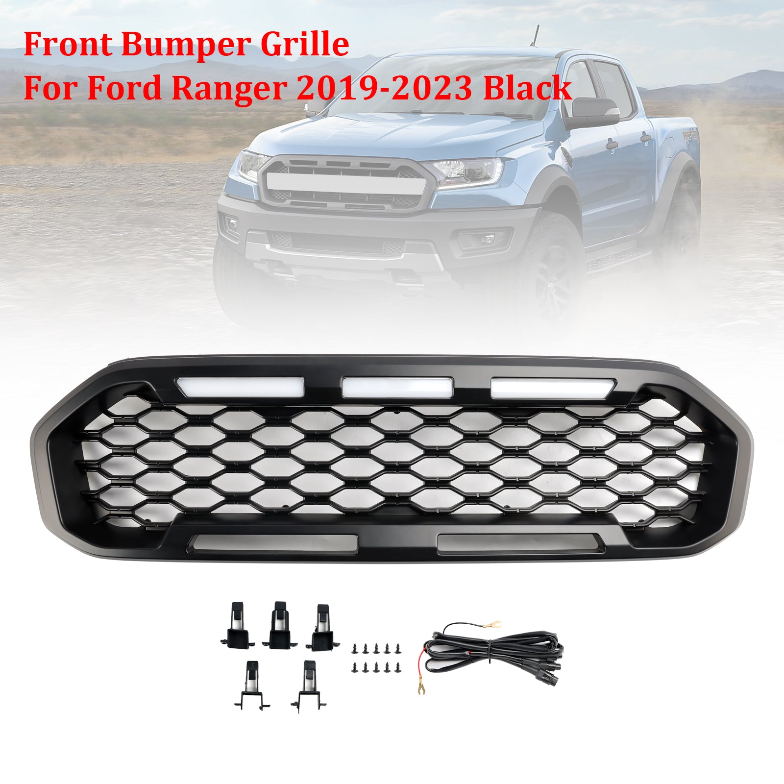 Grille de pare-chocs avant Ford Ranger 2019-2023 de style Raptor / nid d'abeille / maille noire avec 3 lumières LED blanches - 0