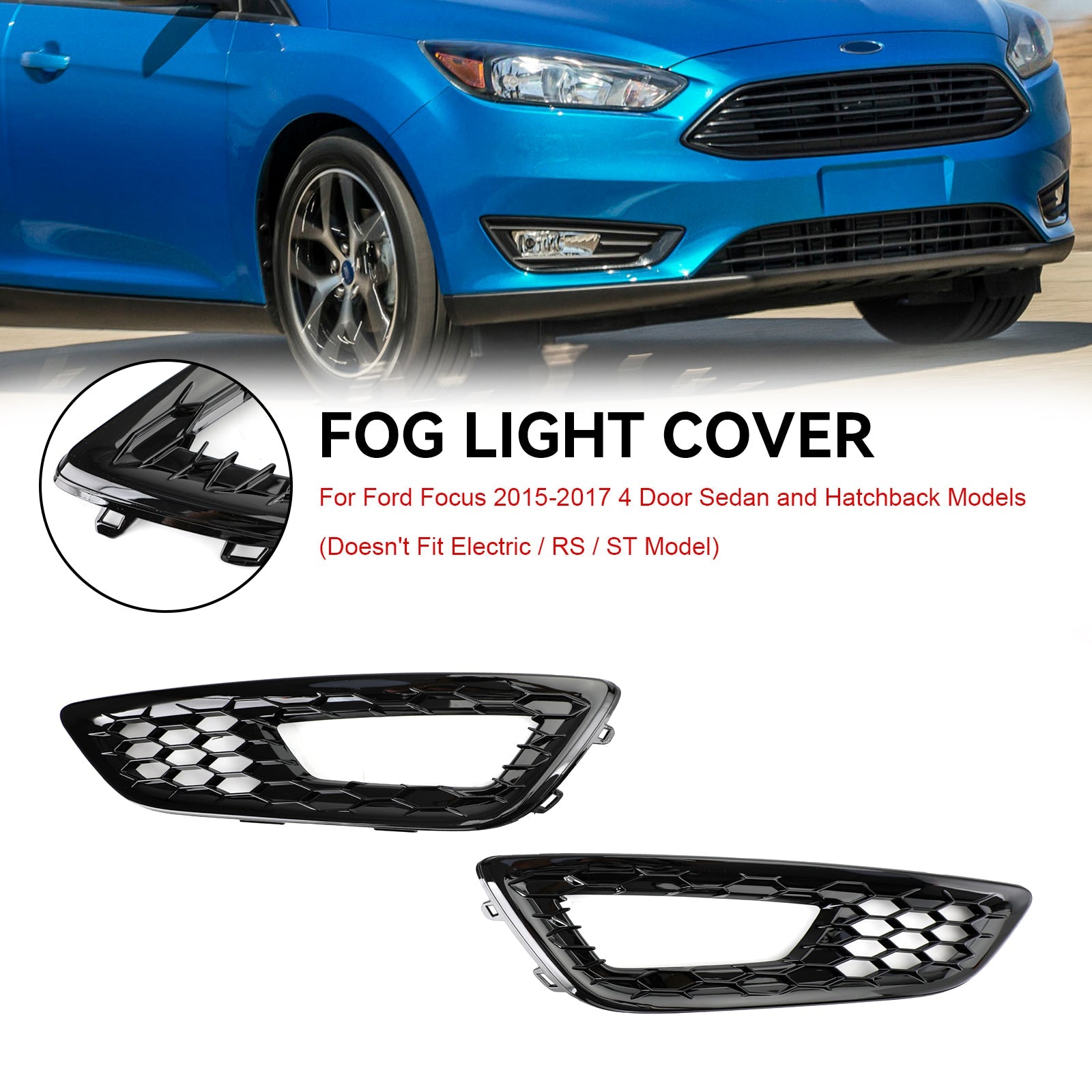 Ford 2015-2017 Focus F1EZ15200A F1EZ15201A Pair Front Bumper Fog Light Lamp Cover Bezel Grill