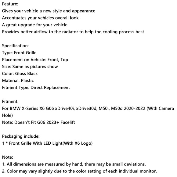 Grade preta do para-choque dianteiro para BMW X6 G06 M50i 2020-2022 com furo para câmera