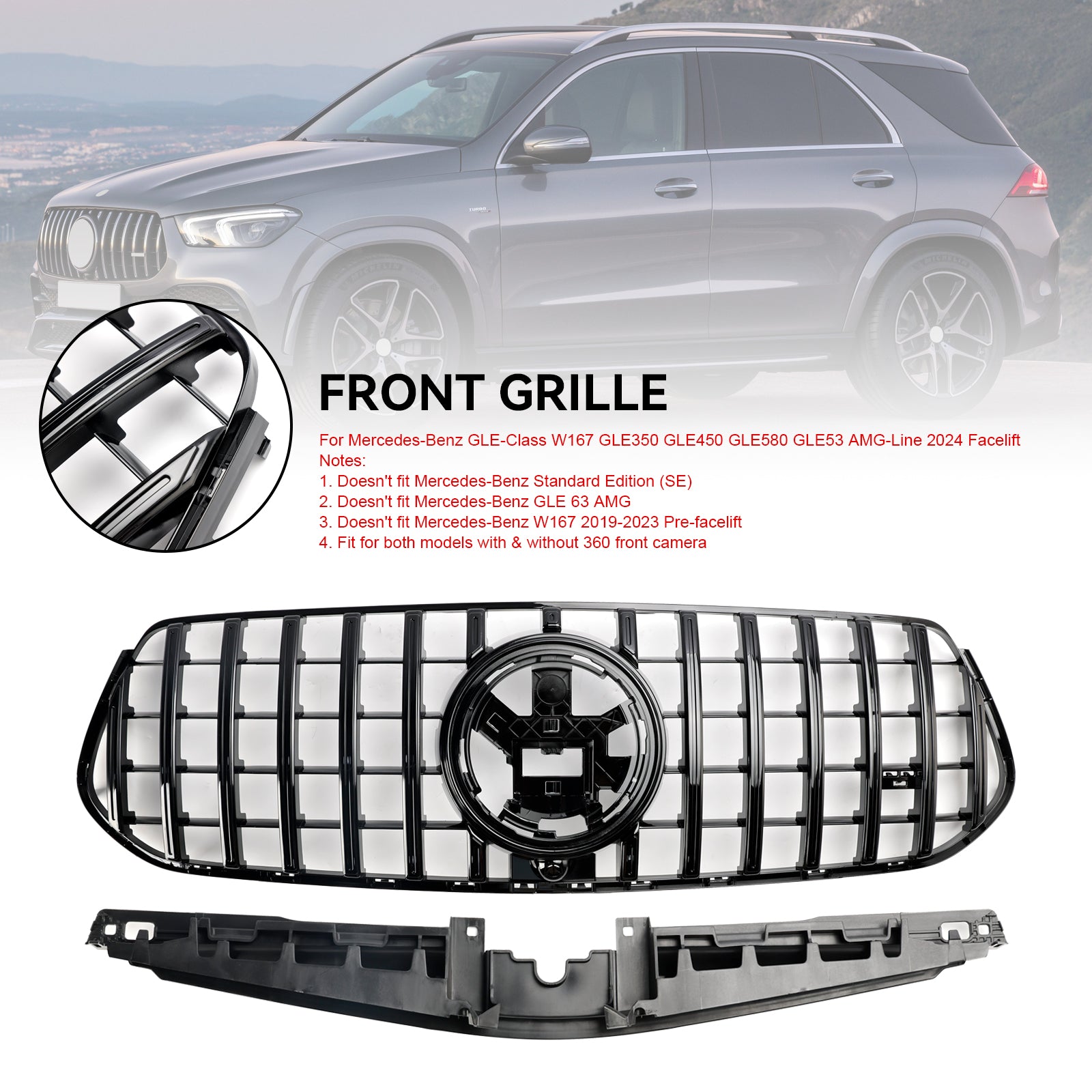 Mercedes Benz GLE-Class W167 V167 GLE350/450/580/GLE53 AMG-Line 2024 Front Bumper Grill Black AMG Style Grille