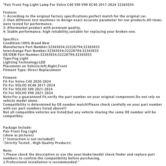 Par de luces antiniebla delanteras para Volvo C40 S90 V90 XC40 2017-2024 32365034