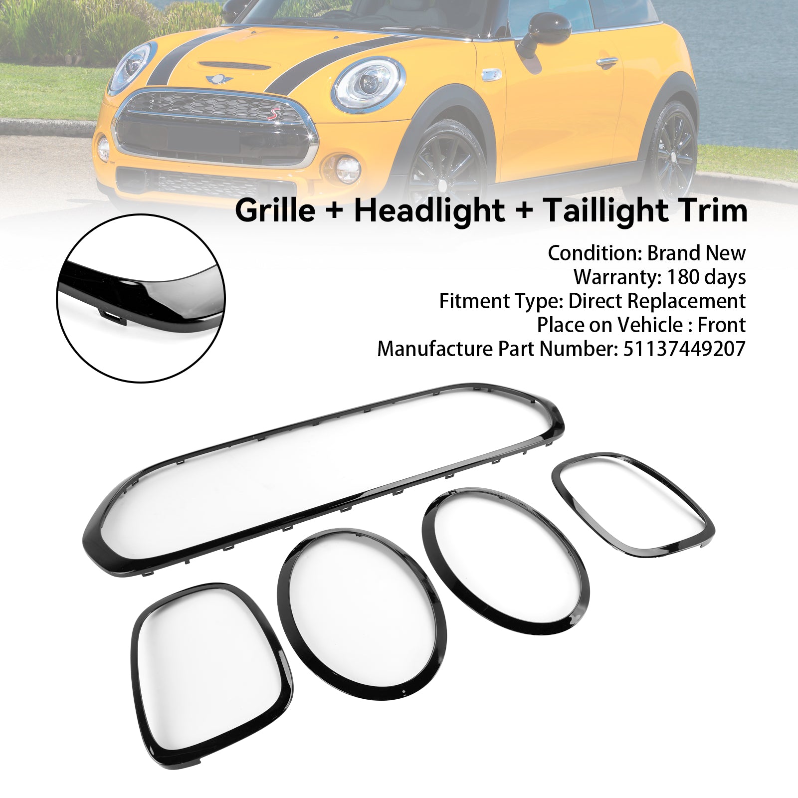 Mini F56 3 Door Hatchback Cooper S, Cooper SD 2014-2021 Black Grill + Headlight + Taillight Trim Generic