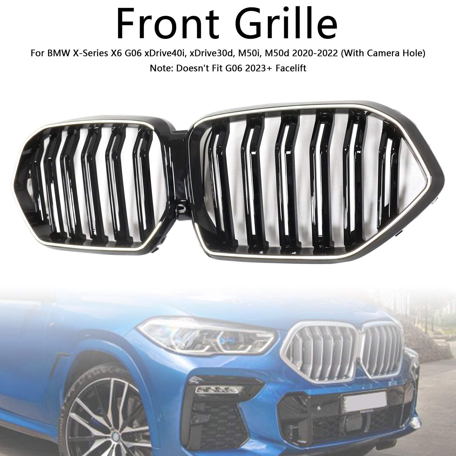 Gloss Black Front Bumper Grille Fit BMW X6 G06 M50i 2020-2022 W/Camera Hole - 0