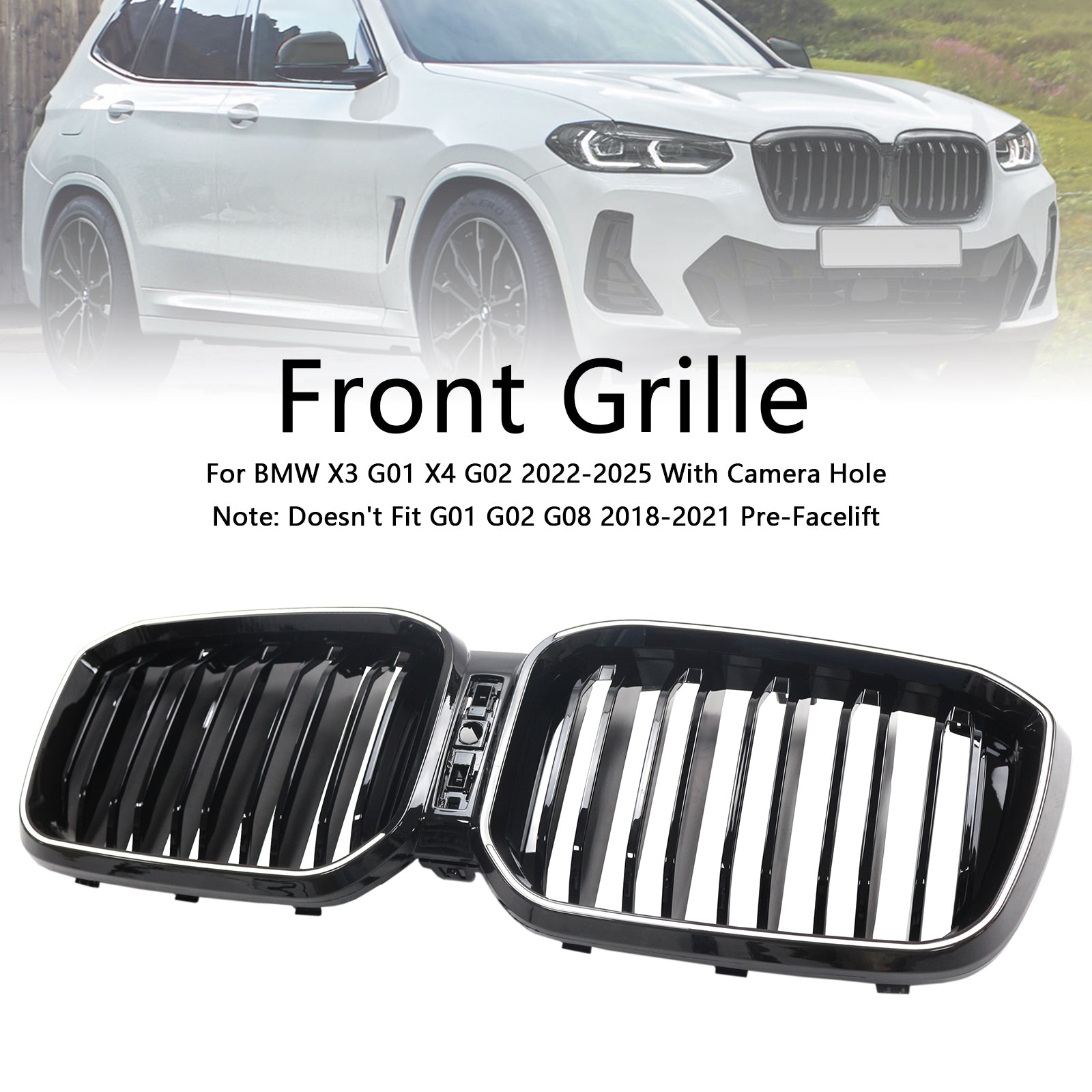 2022-2025 BMW X3 G01 / X4 G02 Double Slat Glossy Black Grill Front Bumper Kidney Replacement Grille With LED Strip Light - 0