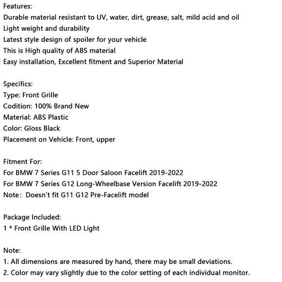 Grade dianteira preta brilhante de ripa única adequada para BMW Série 7 G11 G12 2019-2022